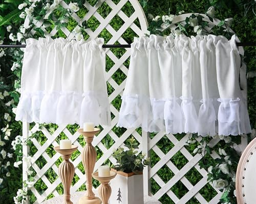 KnSam Scheibengardinen Kurz, Spitze Gardinen Weiss Lichtfilterung Bistrogardine 2er Set Gardinen für Kleine Fenster Küche Wohnzimmer Vorhänge Kurz, B 150 x H 60 cm, Weiß