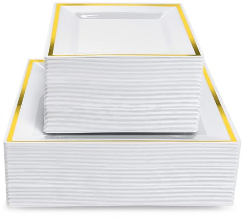 MATANA 120 Premium White Square Plastic Plates with Gold Rim – 60 Dinner (24cm) and 60 Dessert (16.5cm) Plates – Elegant & Reusable Tableware for Weddings, Birthdays, BBQs, Events