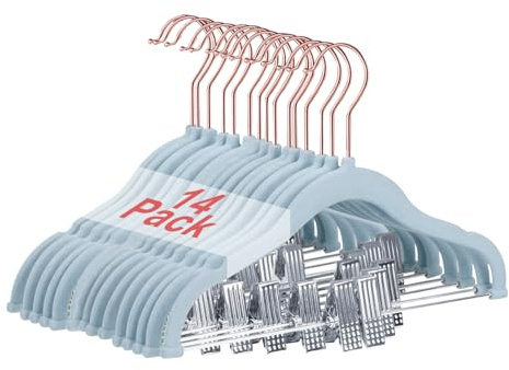 Wellong Baby Clothes Hangers with Clips, 14 Packs Kids Clothes Hangers, Heavy-Duty Childrens Hangers, Clothing Hangers for Shirts, Pants, Skirts, Dresses, Jackets, Coat Blue - Rose Gold Hook
