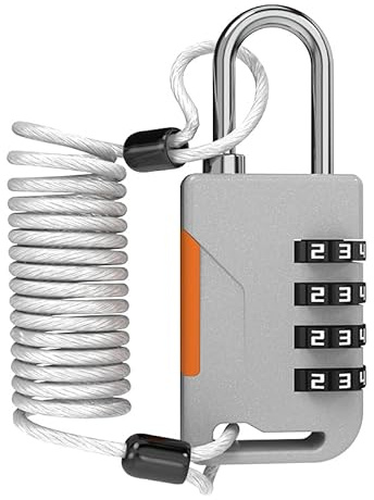 UP Security 4 Digit Combination Padlock with Retractable Cable (36in), Ski Lock, Combo Cable Lock for Snowboard, Travel Luggage, Suitcase, Bike, Gym Locker, Cabinet, Fridge, Refrigerator Door (Gray)