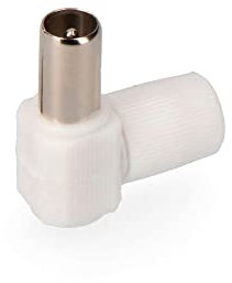 Clavija de TV acodada 9,5 mm, envasada, ideal para conexiones de audio y video en espacios reducidos.