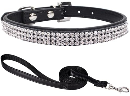 Suiecuor Hundehalsband mit Leine hundehalsband Strass hundehalsband kleine Hunde lederhalsband Hund für kleine mittlere und große Hunde Schwarz S