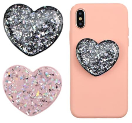 PHIOMUUE Set of 2 Universal Heart-Shaped Phone Grip Holder with Stand,Finger Grip with Kickstand - Compatible with Smartphones, Mobiles & Cases (Pink&Black)