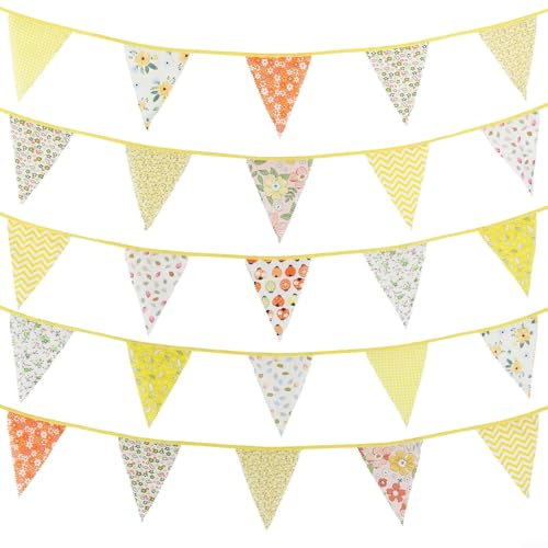 Besttoolifes Wimpelkette aus Stoff, 90 cm, für den Außenbereich, Blumenmuster, Vintage-Stil, Baumwolle, Dreiecksflagge für Garten, Geburtstag, Taufe, Hochzeit, Nachmittagstee, Party-Dekoration (grau)