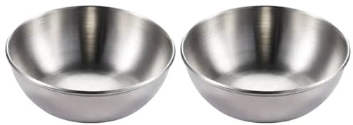 Queenbox Lot de 2 Mini-saucières en Acier Inoxydable de 8 cm, avec soucoupes Individuelles, Bols à sushis en métal, Bols à Sauce Ronds pour apéritifs, argentés