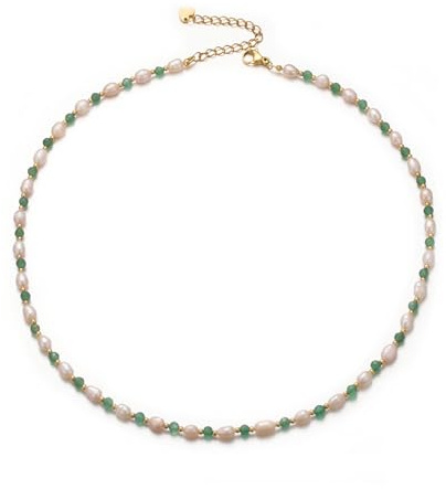 Aleasha Perlenkette Damen Boho Grüner Aventurin Blau Türkis Steine Kette süßwasserperlen Strand Halskette Edelstahl Handgefertigte Schmuck 40+5cm