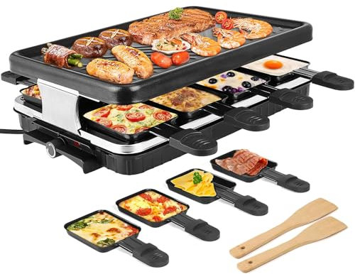 Electric grill 1300W, can accommodate 8 people, indoor smokeless barbecue with 8 cheese trays, 2 wooden spatulas, adjustable temperature, non-stick design, easy to cook and clean