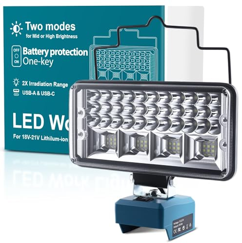 Tumnatt Akku Lampe Für Makita 18/21V,94W 8000LM 2 Helligkeitseinstellungen Led Arbeitsleuchte，Tragbare Flutlichter mit USB-C und USB-Aufladung Baustellen Lampe für Wartungsarbeiten(kein Akku)