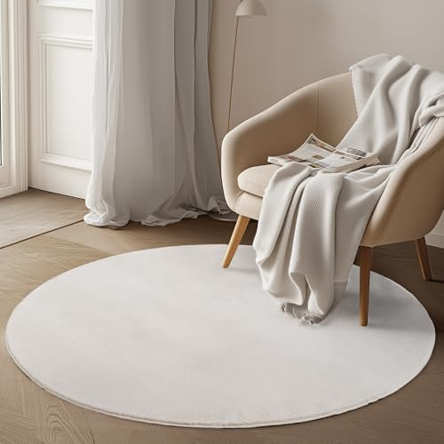 Carpetsale24 Kurzflor Teppich Wohnzimmer 120 cm Rund Creme - Runder Teppich Waschbar, rutschfest, Weich, modern einfarbig Design - für Schlafzimmer, Küche, Esszimmer