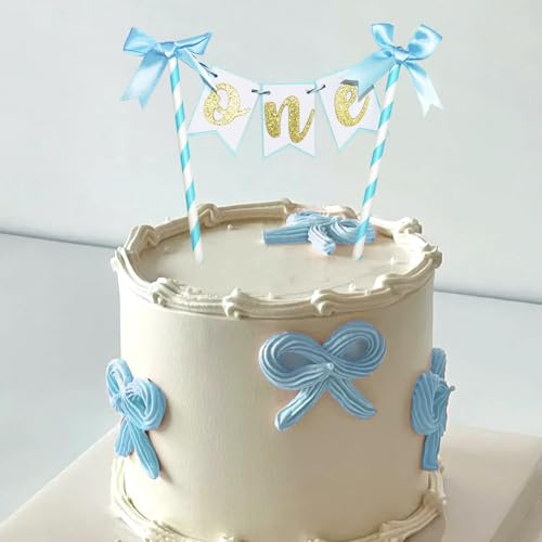 Blue Bow Ribbon One Cake Topper - Blue and Gold 1st Birthday Cake Topper Banner for Girl Boy, First Birthday Cake Decorations
