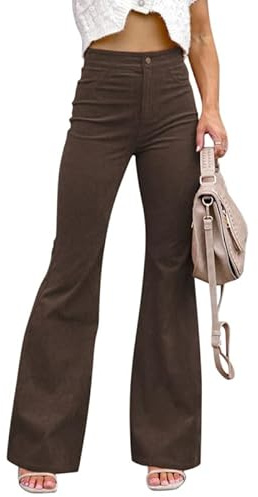 nicticsi Pantalon Évasé Vintage pour Femme Taille Haute Pantalons en Velours Côtelé avec Poche Couleur Unie Décontracté Pants Y2K Streetwear A Marron XS