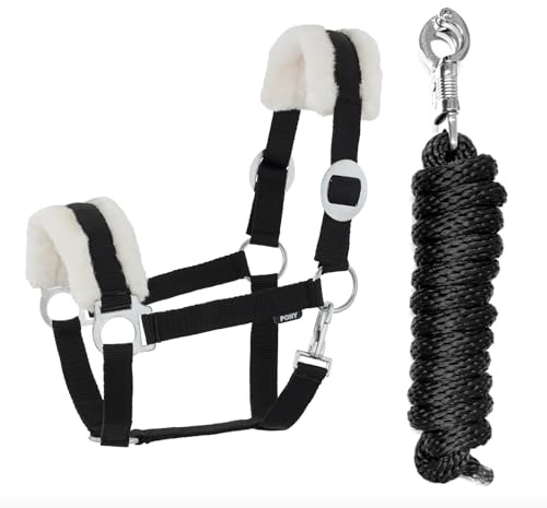 JA Horse JA4004 Comfort Kunstfell Halfter Set Panikhaken, Schwarz, Pony | Comfort Pferdehalfter mit Kunstfell Führstrick Set, verstellbar mit Panikhaken für Pferd Holzpferd