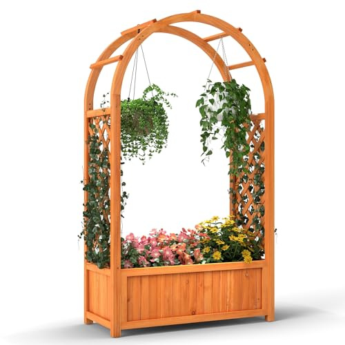 GOPLUS Upphöjd bädd med spaljé, blomlåda med bågpergola och dräneringshål, planteringslåda, trädgårdsbädd, spaljé, växtstöd för trädgård och balkong