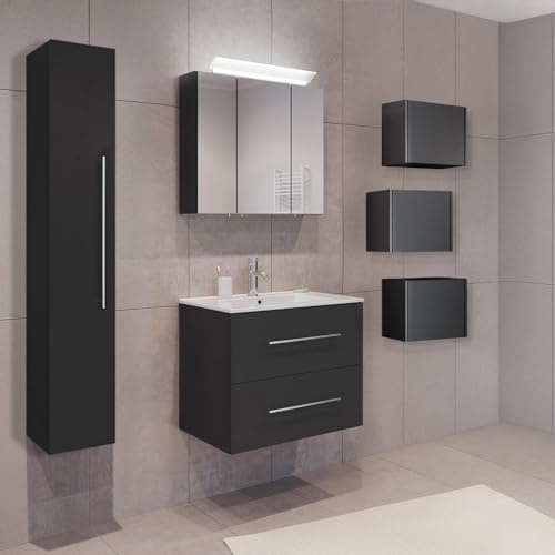 Lomadox Badezimmermöbel Badmöbel Set 2-teilig, Waschtisch Waschplatz 70cm breit, 2 Softclose-Schubladen mit Waschbecken und LED Spiegel, in grau