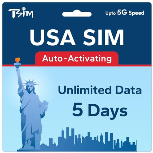 TSIM USA SIM-Karte 5 Tage | Unbegrenzte Daten | Hohe Abdeckung Multi-Operator-5G-Netzwerk | Automatische Aktivierung | Nachfüllbarer Plan | Hotspot erlaubt | Nur Daten