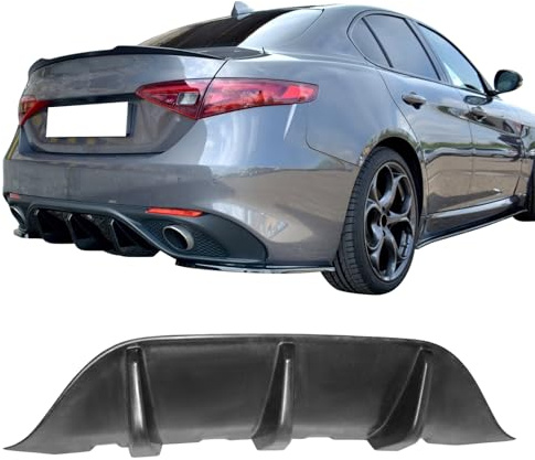 IKON MOTORSPORTS Rear Diffuser, Compatible with 2017-2025 Alfa Romeo Giulia with Sport Bumper, MX Style Unpainted Black PU Shark Fin Rear Bumper Valance Spoiler, Air Dam Chin Splitter Molding