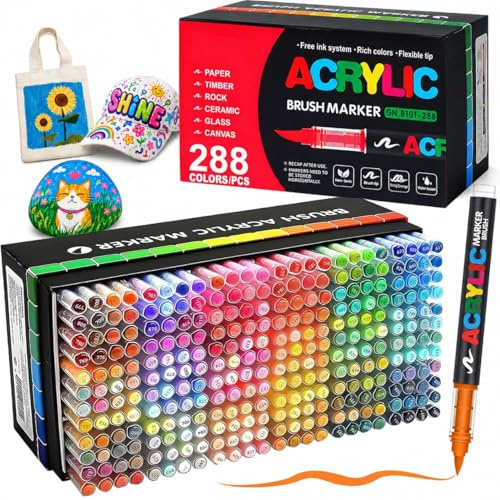 Bonala 288 Acrylstifte Set mit Pinselspitze – wasserfeste Acrylmarker zum Steine bemalen, für Stoff, Glas, Holz, Keramik – ideales Malset für kreative Erwachsene