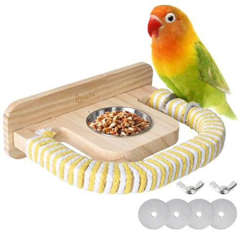 Bird Feeding Dish Cups,Stainless Steel Bird Feeding Bowl for Cage,Hanging Parrot Cage Feeder & Water Bowl with Wooden Platform for Parakeet Cockatiels Budgie Finches