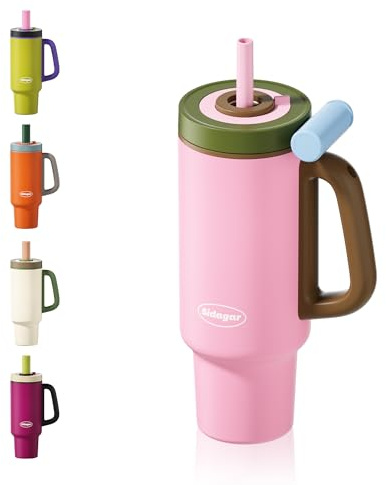 Sidagar Gourde Isotherme 1,1L avec Paille et Poignée, Mug Isotherme Inox 316L, Bouteille d’Eau Anti Fuite, Thermos Grande Capacité, Compatible Porte-Gobelet, Rose