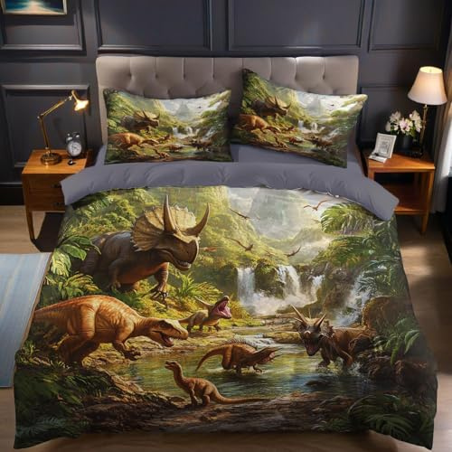 Funda nórdica Cama 90 Infantil Mundo de Dinosaurios de Dibujos Animados Funda edredón 150x200 cm Microfibra Suave y Transpirable Juego de Ropa de Cama Ideal para niños niñas y Adolescentes