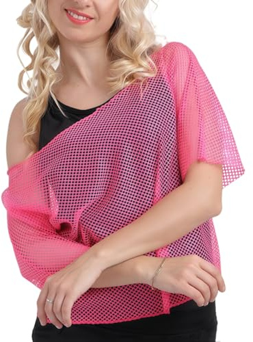 RuiChy Haut en Résille Néon pour Femmes, T-Shirts à Manches Courtes en Maille Déguisement Fluo Années 80 Thème Rétro Festival de Musique Carnaval Fête Disco Vetement Taille Unique (Rose)