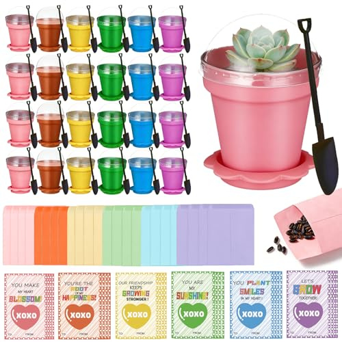 24 Set Valentines Day Cards for Kids Classroom,Nursery Pots with Humidity Dome Shovel and Seed Packet,Small Plastic Plant Pots Valentines Party Favors for Classroom Exchange (Not Included Seeds)