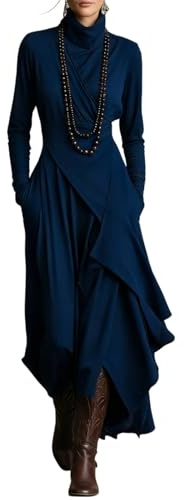 Vestiti Bodycon per Donna, Abito Maxi Asimmetrico con Scollo a Tartaruga in Cotone Elasticizzato Stile Bohémien, Abito da Cocktail Lungo a Maniche Lunghe per l'Inverno, Blu, L