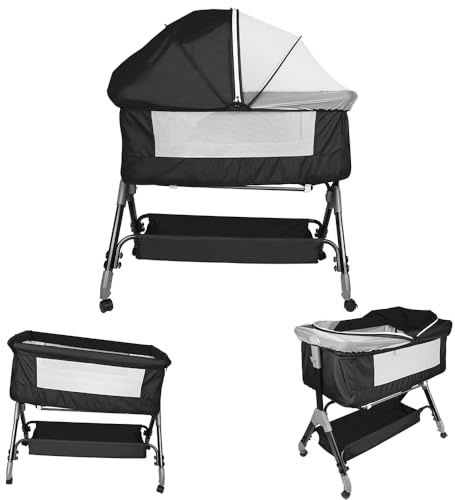 homewell 2 in 1 Beistellbett Baby & Babywiege mit Moskitonetz, 4 Fach Höhenverstellung und Neigungsverstellung, Stubenwagen Baby Faltbar, für Zuhause und Unterwegs (Schwarz)