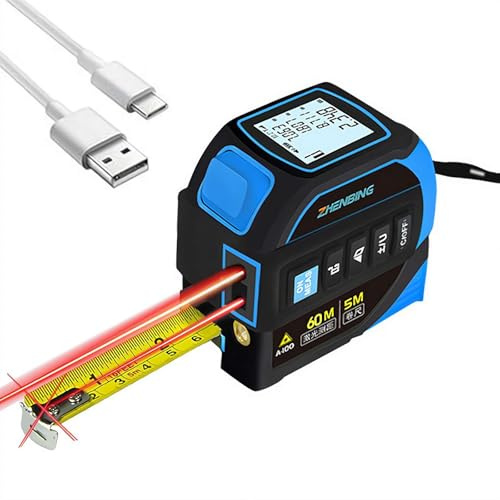 Mètre ruban laser 4 en 1 avec niveau laser en croix - Distance 60 m - Ruban autolock de 5 m - Écran LCD rétroéclairé pour bricolage, construction, décoration intérieure
