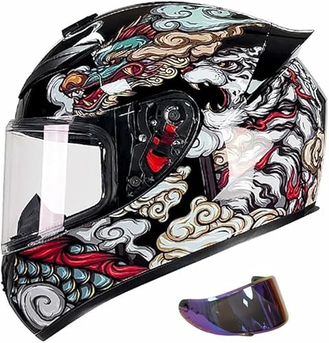 Caimcie Motorcykel hela ansiktshjälm, integrerad motorcykelhjälm, ECE/DOT-godkänd cool ryttarutrustning fyra säsonger väg moped street racing kraschhjälm för vuxna män kvinnor G, S = 55-56 cm