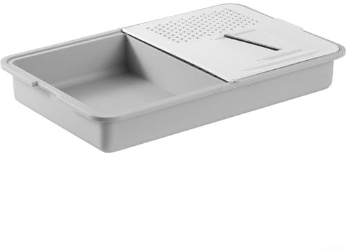 Planche à découper multifonction avec hachoir et récipient, station de préparation de légumes 6 en 1 pour trancher en dés et hacher des légumes, PP+silicone+acier inoxydable, blanc + gris