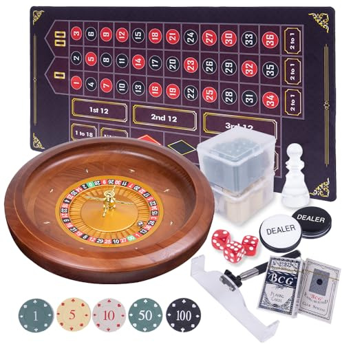 Wooden Roulette Wheel Set,20 Inch Solid Wood Roulette Wheel With Retractable Chip Rake，200 Chips, Roulette Marker, 2 Decks of Cards, 3 Dices,1 Dealer Button Win Marker, 6 Roulette Balls, 1 Storage Bag