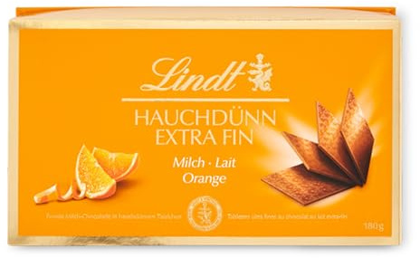 Lindt Boîte Carrés EXTRA FIN Chocolat Lait Orange 180g | Chocolat Lait • Carrés de chocolat • Fondant • Extra-fin • Orange • Moment de plaisir.