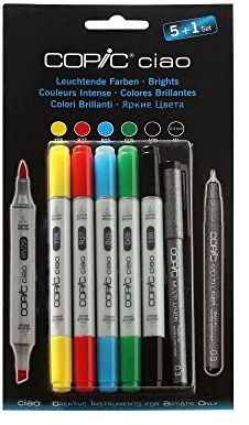 COPIC Ciao Marker 5+1 Set Leuchtende Farben, 5 Allround-Layoutmarker, mit einer mittelbreiten und einer Brush-Spitze, inkl. 1 Multiliner 0,3 mm