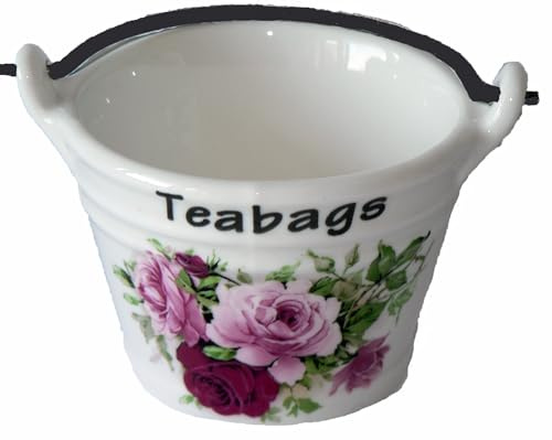 Pink Rose Teabag Tidy, Porcelain Bucket Shaped Teabag Tidy with Pink Roses on Each Side