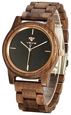 VICVS Orologi in legno da uomo e da donna, noce naturale/legno di ulivo cronografo al quarzo giapponese, cinturino regolabile, sport militari e tempo libero (Walnut)