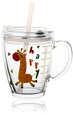 Kinder Glas Milchbecher Messbecher mit Silikonstroh Zwei Griffe Becher Versiegeltes Auslaufsicher Glasbecher Cartoon Baby Große Kapazität Trinkglas Hitzebeständig Kinderbecher Kreative Strohbecher