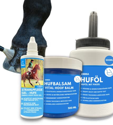 EMMA Huföl Pferd mit Pinsel & Strahlmittel & Huffett Pferd I Strahlfäule Pferde Mittel I Huföl Pferde mit Pinsel gegen trockene Hufe & Huffäule Huffestiger Hufbalsam für Pferde 2x0,5L 0,1l