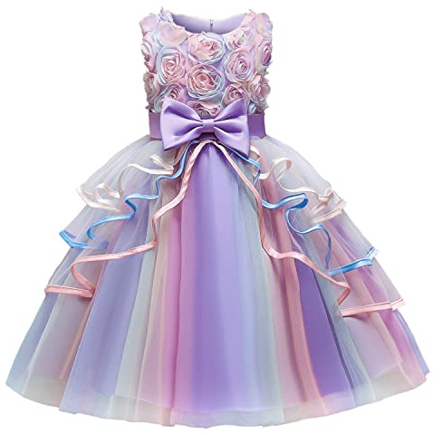 NNJXD Girl Dress Kids Ruffles Lace Party Wedding Dresses Size (120) 4-5 Years Flower 736 Purple