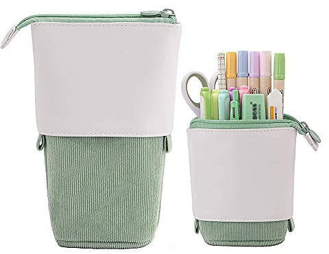 Upright Pencil Case, Telescopic Pencil Holder, Stationery Pencil Bag, PU Corduroy Stand-up Pen Pouch Holder, Colorful Pen Organizer for Students Boys and Girls (green)