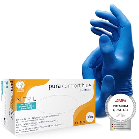 Guantes de nitrilo Pura Comfort sin polvo, color azul, caja de 100 unidades (XS)