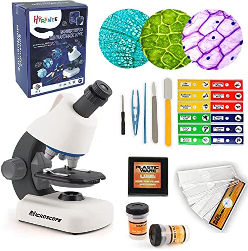HYRENEE Kids Educational Microscope - Up to 40-1200x Zoom, LED Light, Glass Material, White Color, Perfect for STEM Learning & DIY Experiments