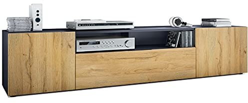Vladon TV Board Mogan 181 x 39 x 35 cm, long lowboard with 6 compartments, body in Anthracite matt, fronts in Oak Nature