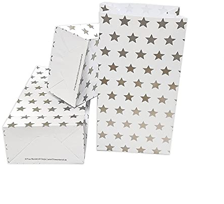 Frau WunderVoll® 12 Papiertüten mit Boden,weiß, Silber Sterne, 12x7x24cm/Blockbodenbeutel,Tüte,Papierbeutel,Papiertüte, Geschenktüte, Geschenkbeutel,Gastgeschenk,Hochzeit,Mitgebseltüte,Falttasche
