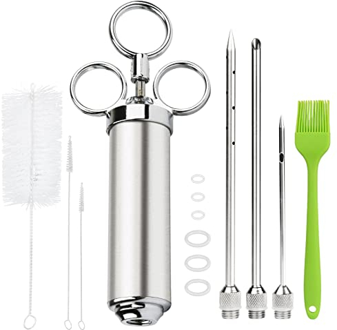 Kit Siringa per Iniettore di Carne, Siringa per Marinata 60ml con 3 Aghi per Marinatura e 2 Pulitori per Aghi, 6 Cerchietti di Ricambio, Spazzola in Silicone per BBQ, Grigliate, Cottura e Tacchini
