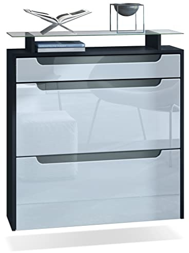 Vladon Schuhschrank Annie, Schuhkipper für 16 Paar Schuhe mit 2 Klappen, 1 Schublade und Glasablage, Schwarz matt/Weiß Hochglanz, Griffmulden in Grau Hochglanz (89 x 95,5 x 23 cm)