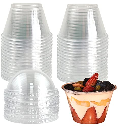 50 Pack Disposable Dessert Cups, Clear Plastic Cups with Lids, 7oz Mini Parfait Cups with No Holes Dome Lids, Disposable Party Cups for Snacks Pudding Yogurt Fruit Ice Cream Cupcake Iced Cold Drinks