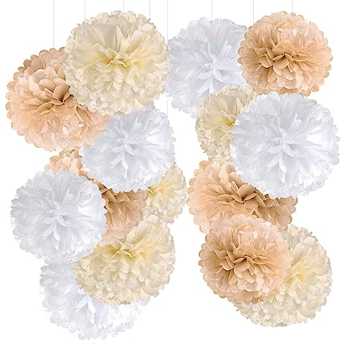 SUNBEAUTY 15 PCS Champagne Tissue Paper Pom Poms,Neutral Party Decorations,Creamy White Paper Flowers for Engagement Receptions, Wedding ,Birthday, Boho Bridal Showers Home Outdoor Decor