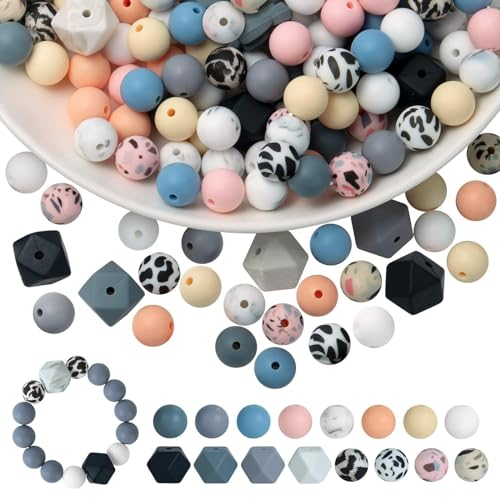 Bogoro 104 Stück Silikonperlen Bunte, Silikonperlen Rund, Perlen zum auffädeln kinder, Bastelperlen Rund Polygon, Perlen für Armbänder, Silikon Perlen Set, für DIY Schmuck Armband Halskette Basteln