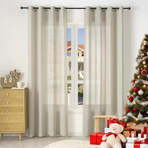 WOLTU 2er Set Gardinenn mit Ösen, Vorhang für Wohnzimmer Schlafzimmer, Leinenoptik, Halbtransparent, modern, 135 x 175 cm, Sand